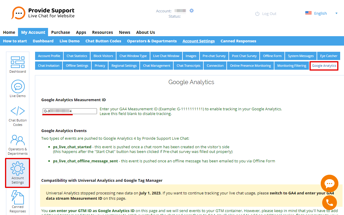 Screenshot of Provide Support Google Analytics settings with entered GA4 measurement ID