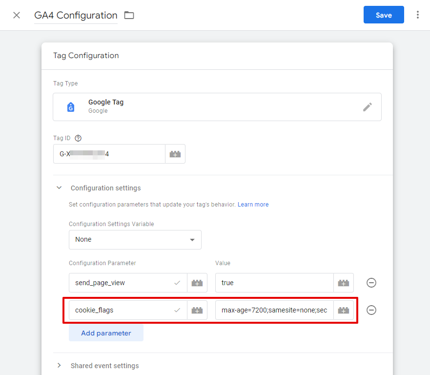 Screenshot of updated GA4 configuration tag