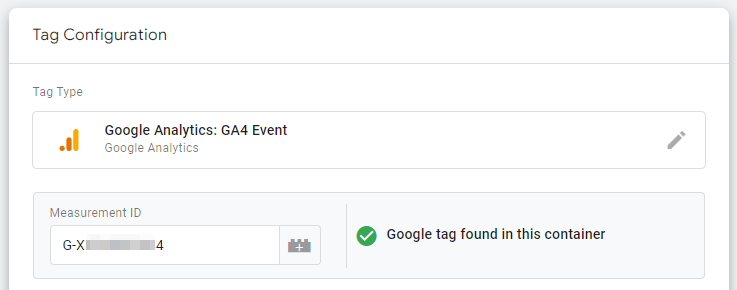 Screenshot of GA4 event tag with Measurement ID entered