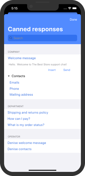 Liste mit gespeicherten Antworten in der iOS-Live-Chat-Anwendung