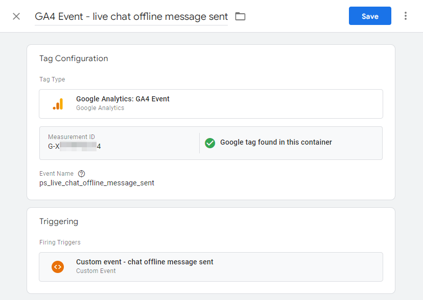 Screenshot of the configured tag for offline message sent event